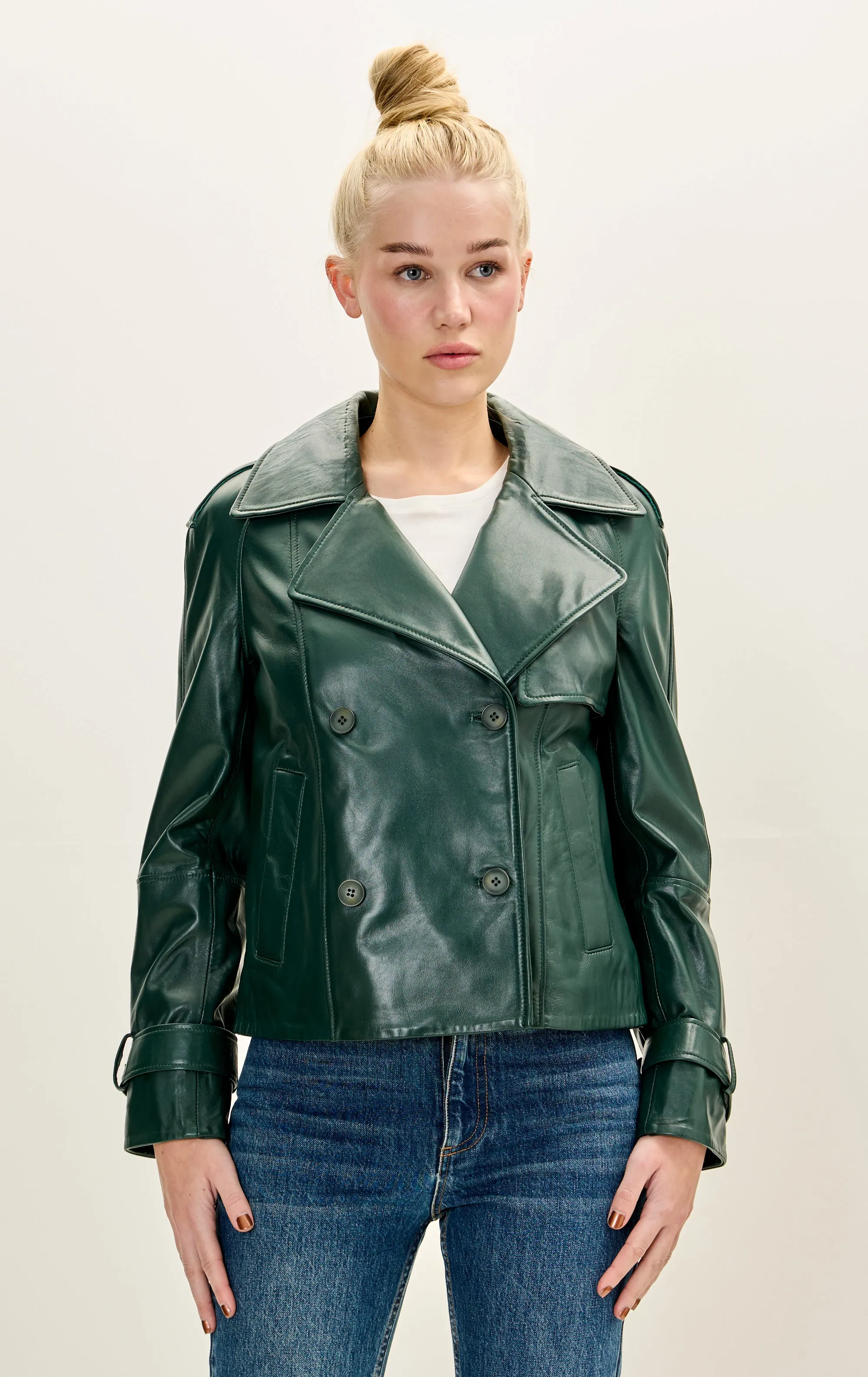 Lambskin Leather Double Breasted Short Trench Jacket - Green