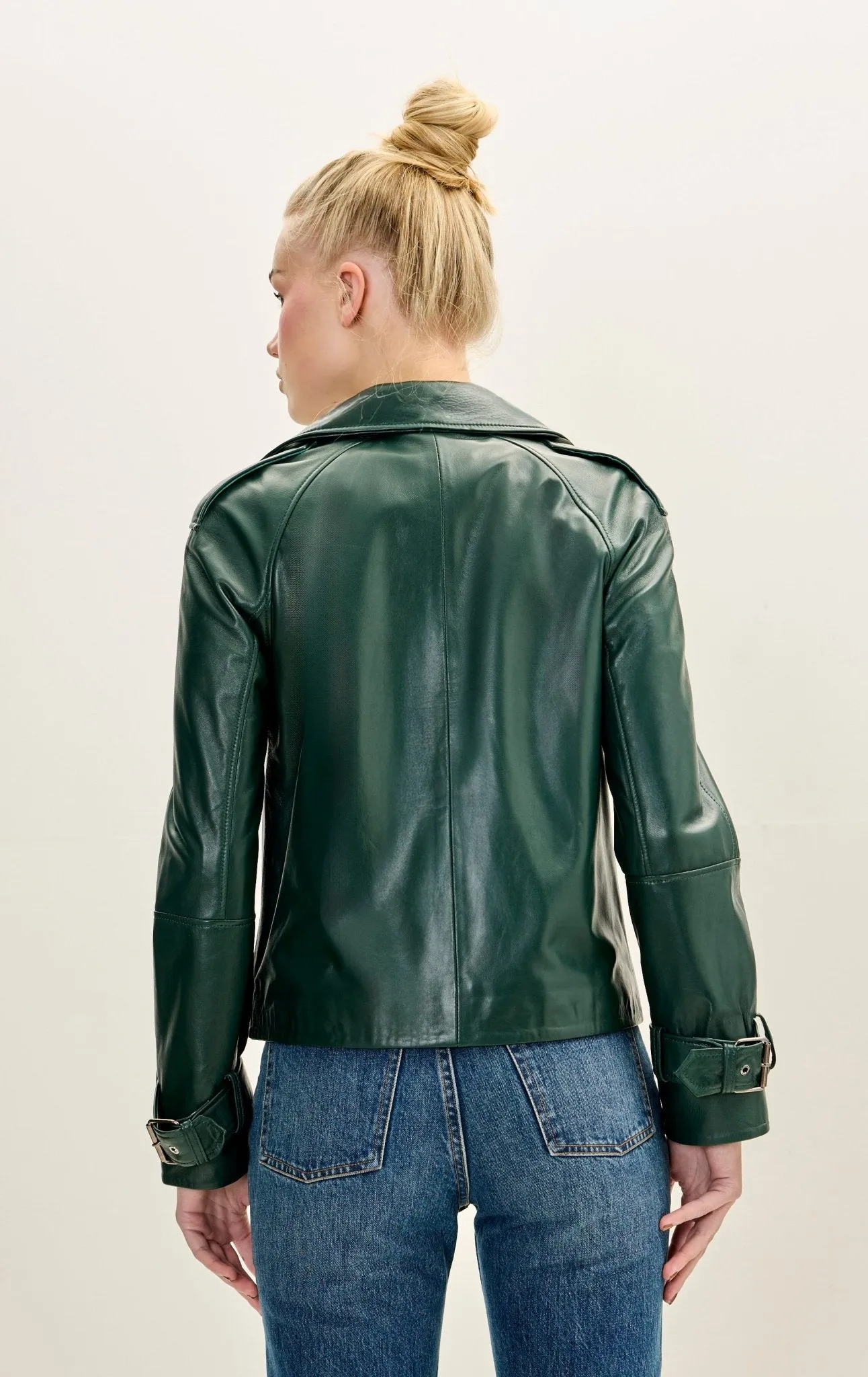 Lambskin Leather Double Breasted Short Trench Jacket - Green