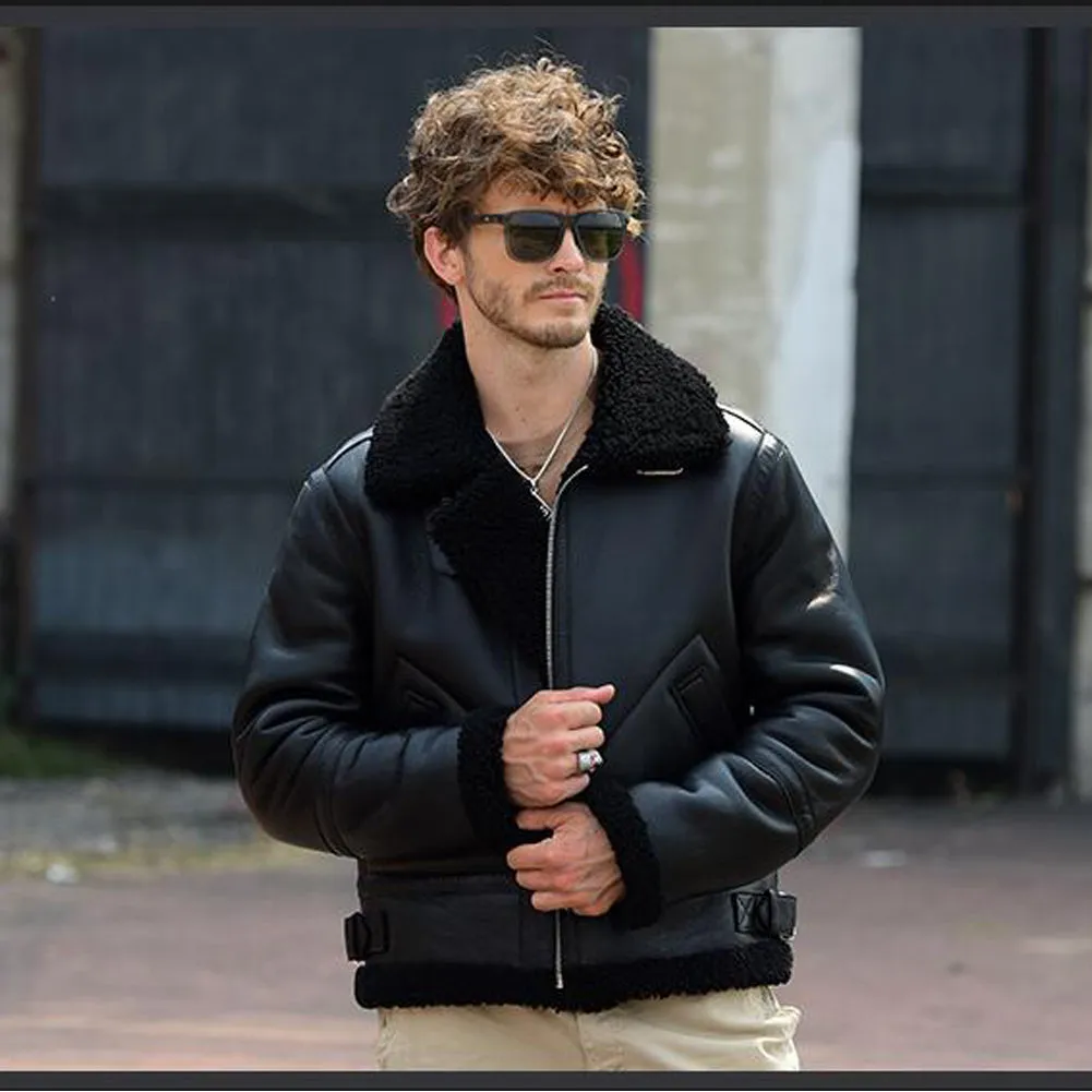 Men's Black Shearling Jacket Sheepskin Coat