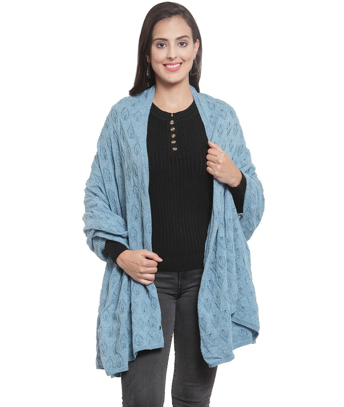 Mia - Ice Blue Lambswool & Nylon Knitted Shawl Wrap