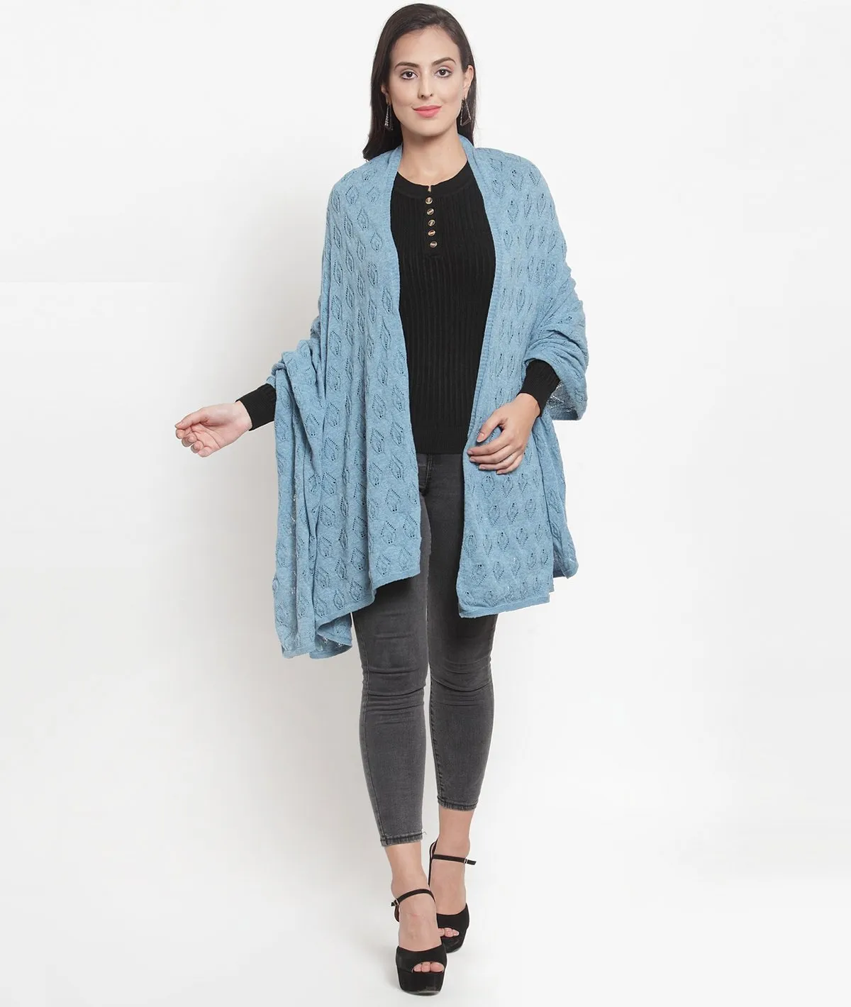 Mia - Ice Blue Lambswool & Nylon Knitted Shawl Wrap