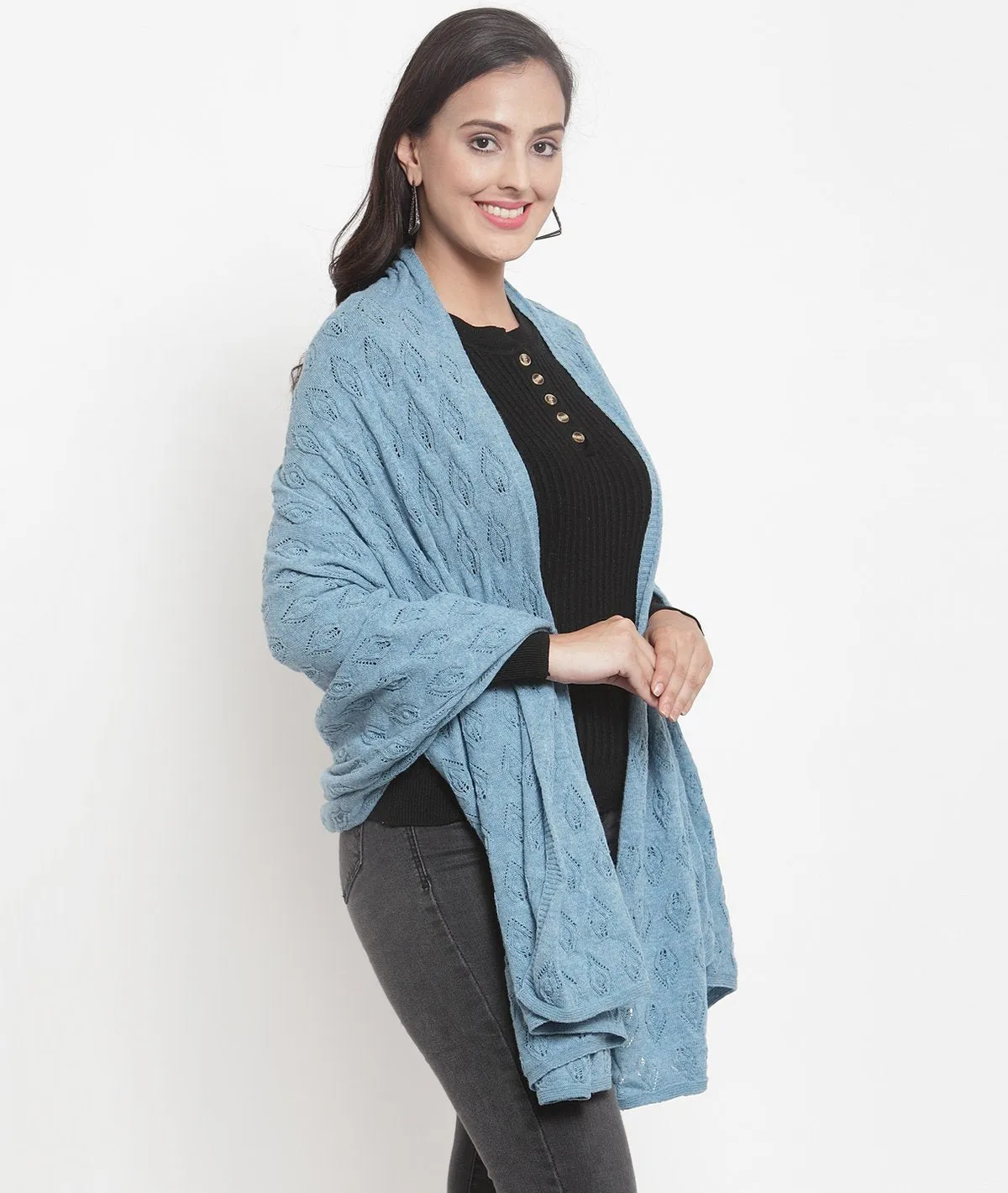 Mia - Ice Blue Lambswool & Nylon Knitted Shawl Wrap