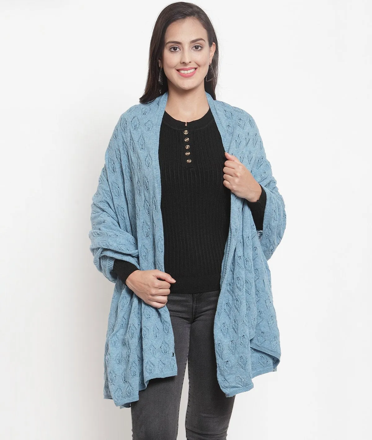 Mia - Ice Blue Lambswool & Nylon Knitted Shawl Wrap