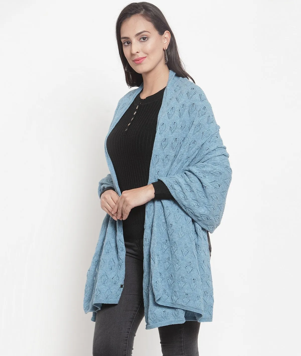 Mia - Ice Blue Lambswool & Nylon Knitted Shawl Wrap