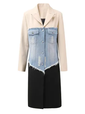 New! Denim Elegance Beige Long Coat for Women