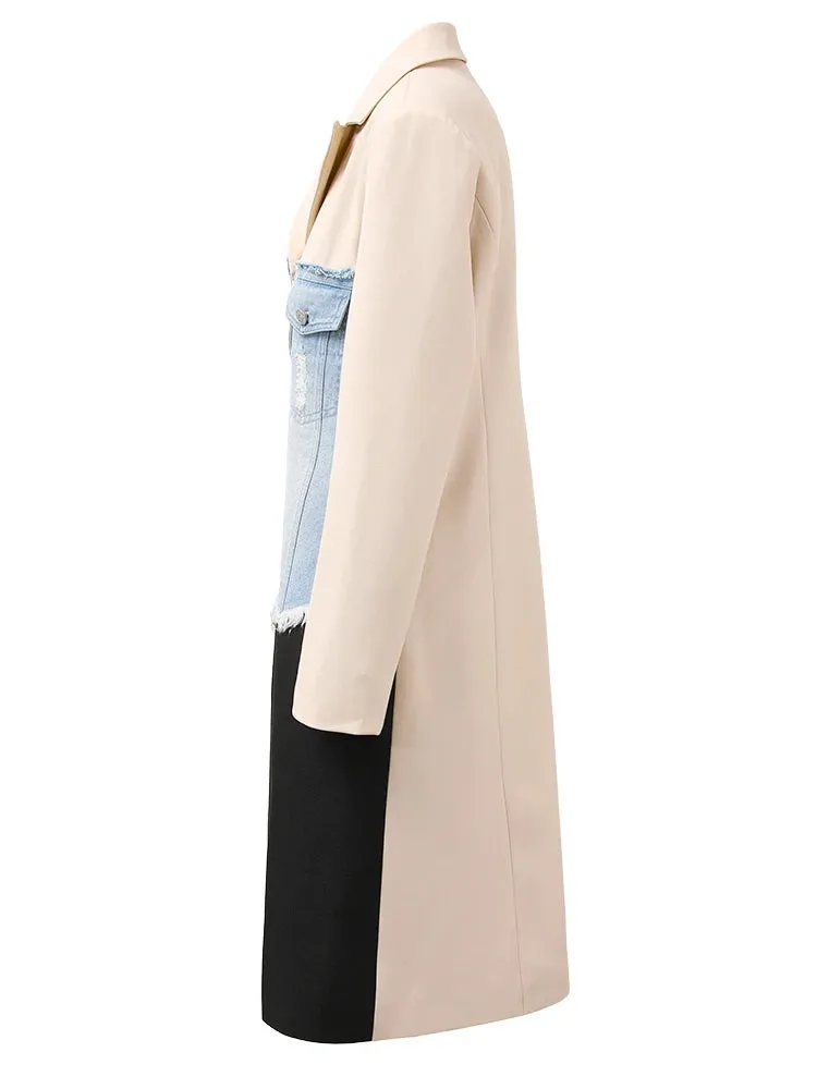 New! Denim Elegance Beige Long Coat for Women