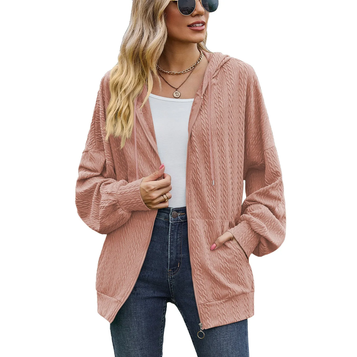 New Solid Pocket Long Sleeve Loose Hooded Women's Coat