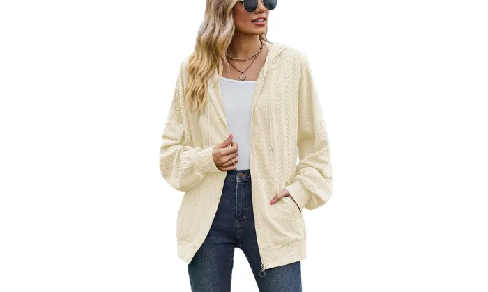 New Solid Pocket Long Sleeve Loose Hooded Women's Coat