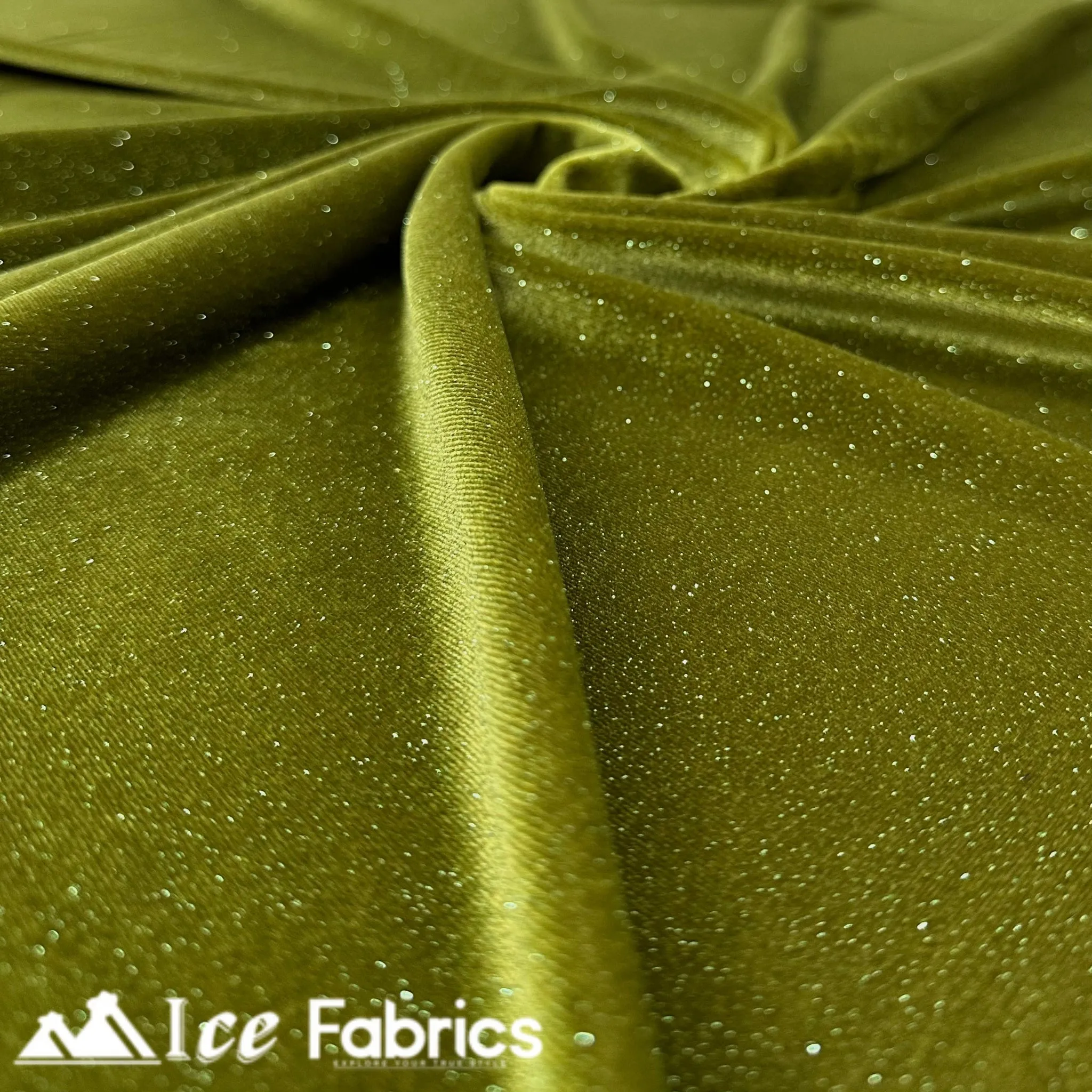 Olive Green Shiny Glitter Stretch Velvet Fabric | Spandex Fabric