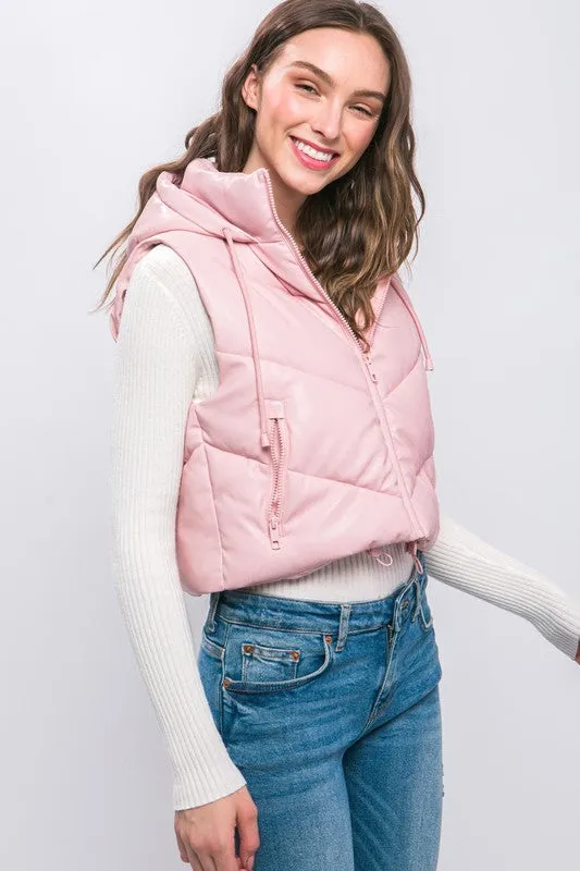 Pink PU Faux Leather Chevron Puffer Vest