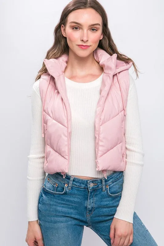 Pink PU Faux Leather Chevron Puffer Vest