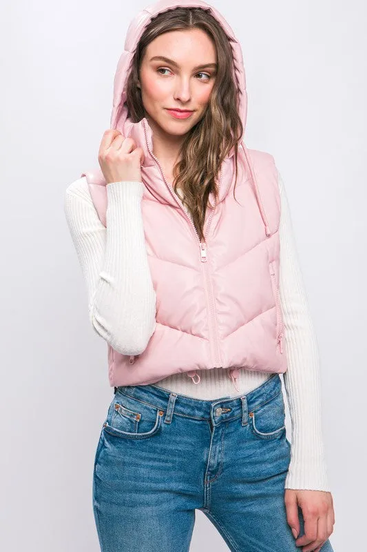 Pink PU Faux Leather Chevron Puffer Vest