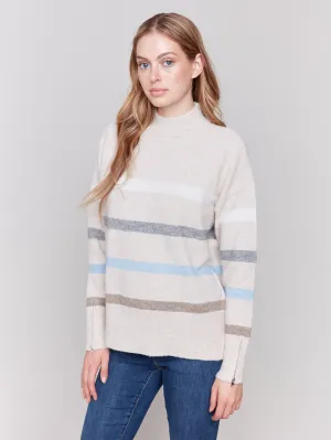 Printed Mock Neck Sweater With Sleeve Zippers - Beige