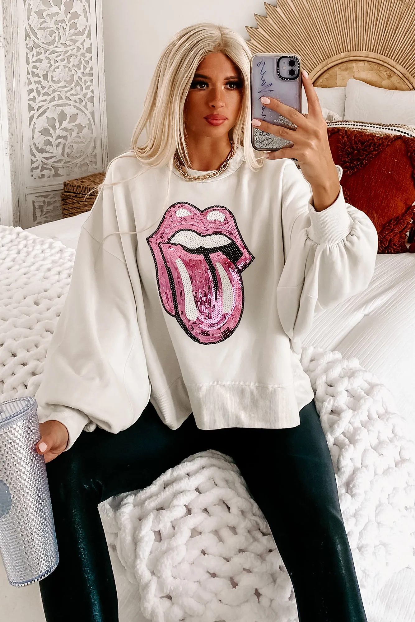 "Shine A Light" Sequin Tongue Pullover (Cream)