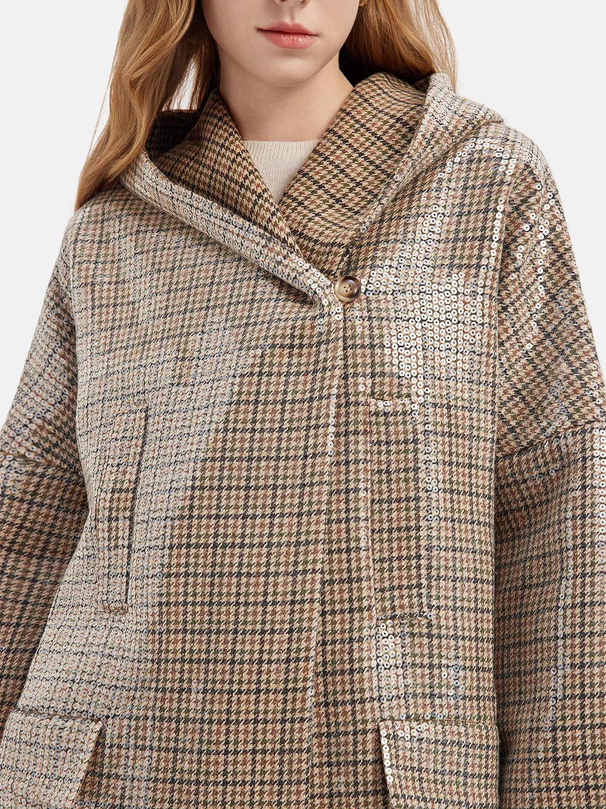 Sequin Plaid Wool Hooded Cape