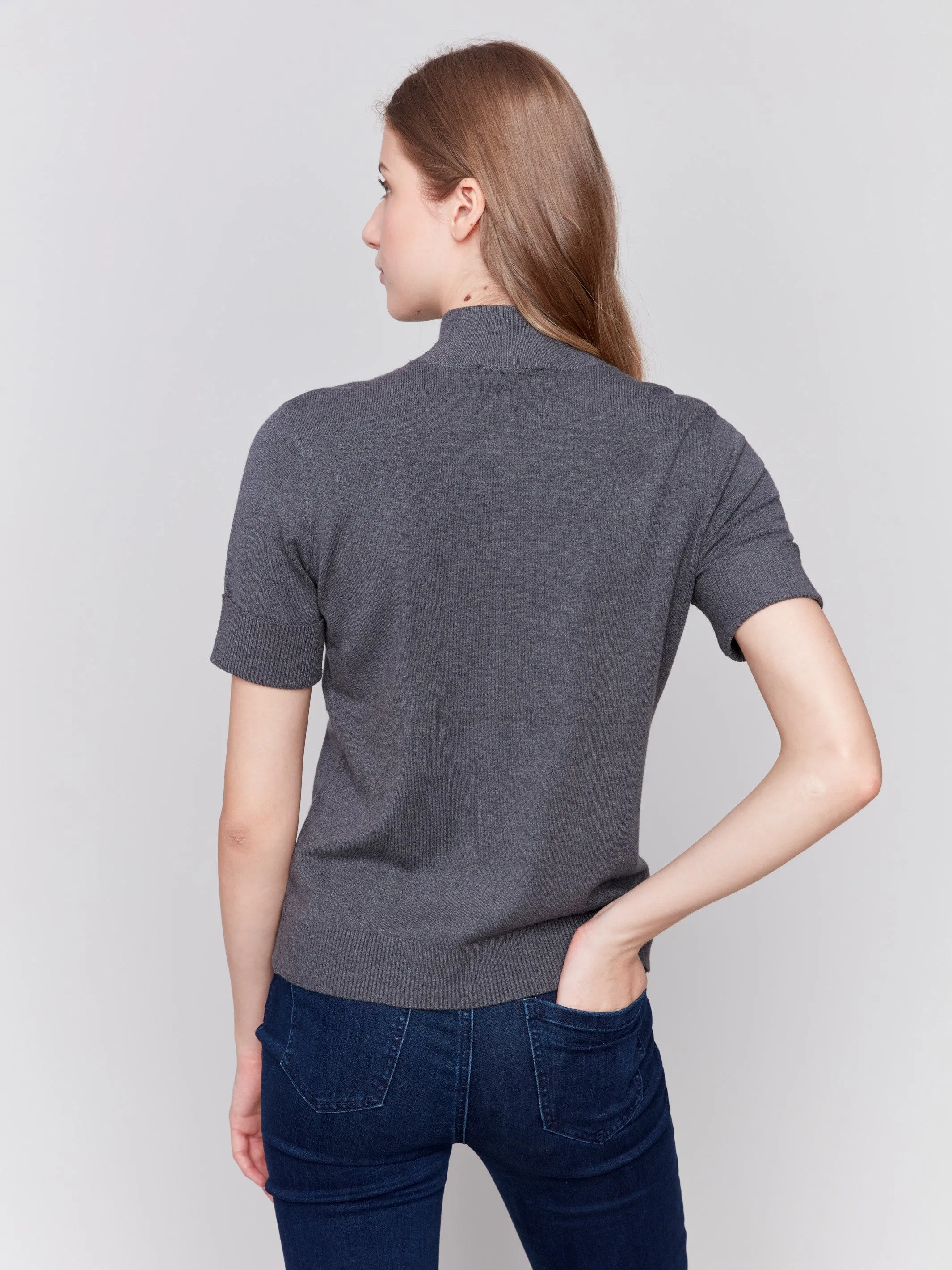 Short Sleeve Mock Neck Sweater - Charcoal