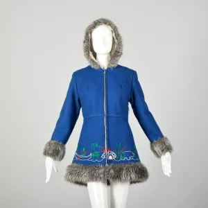 Small 1960s Mod Blue Novelty Coat Faux Fur with Inuit Embroidery