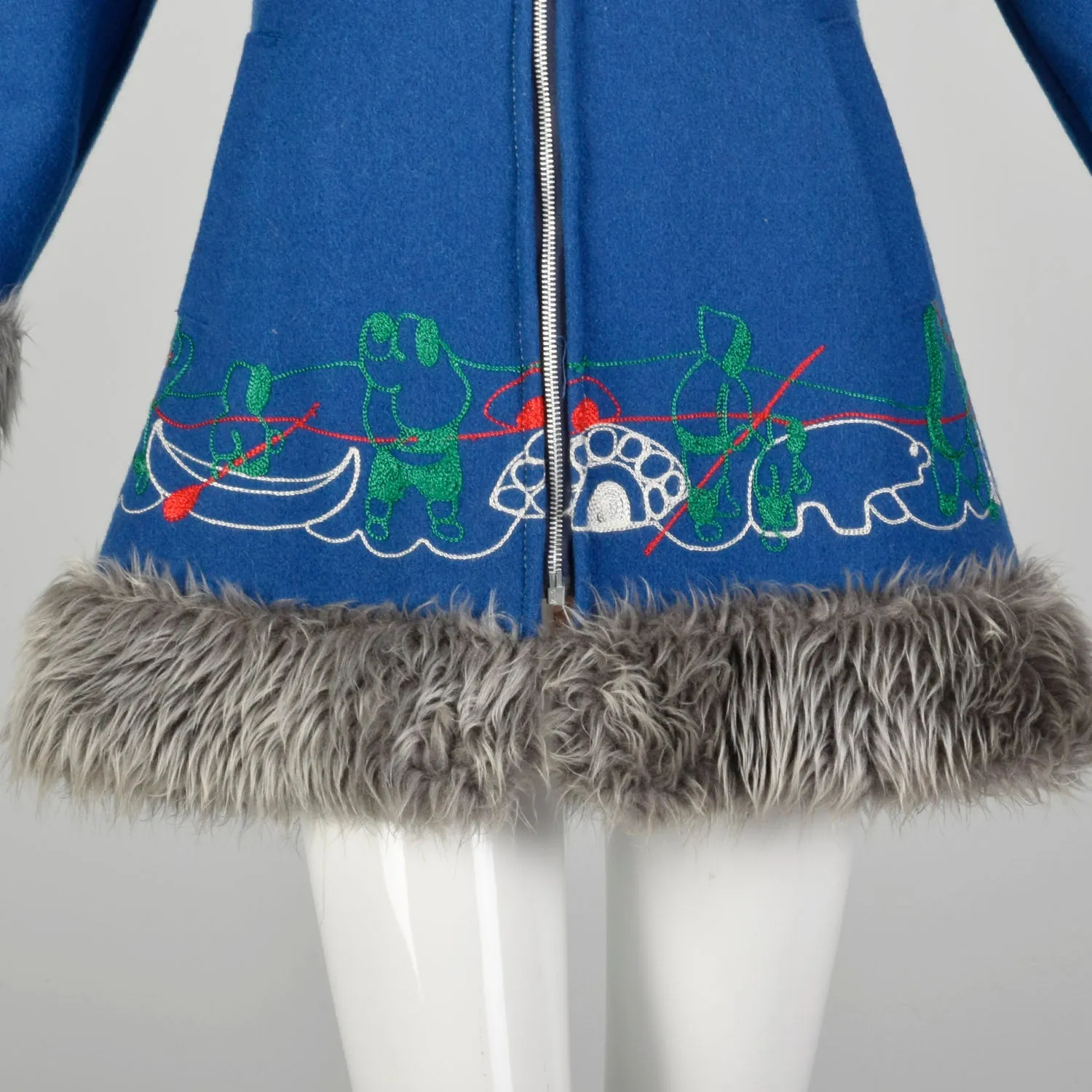 Small 1960s Mod Blue Novelty Coat Faux Fur with Inuit Embroidery