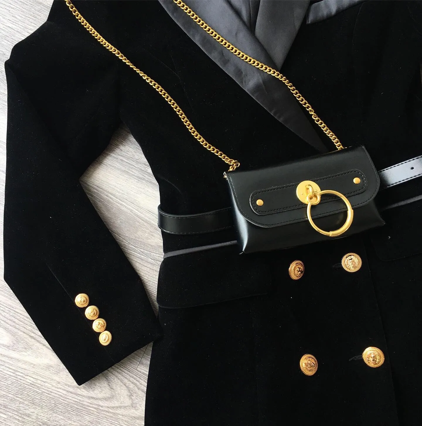 STASSY BLACK VELOUR JACKET WITH MATCHING BELTED BAG