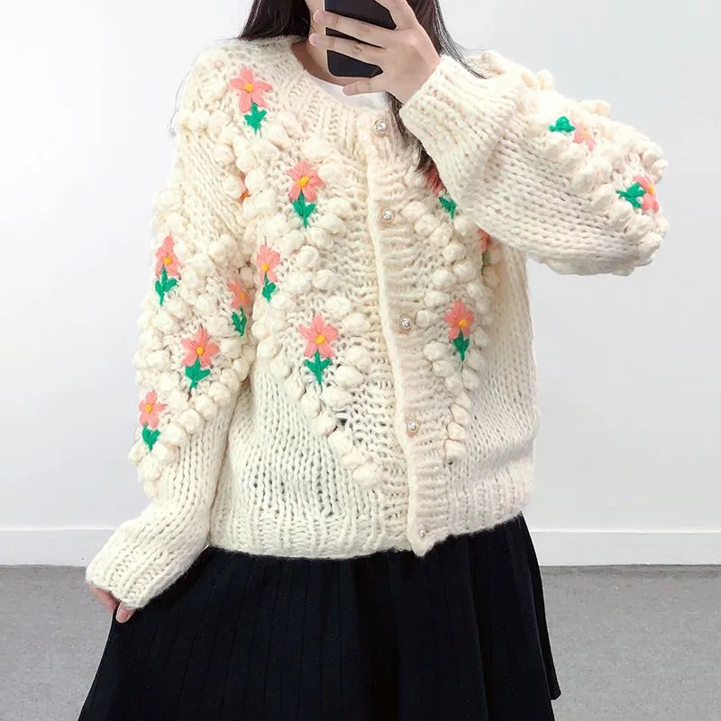 Stitch Floral Embroidered Diamond Pom Pom Hand Cable Knit Cardigan Sweater