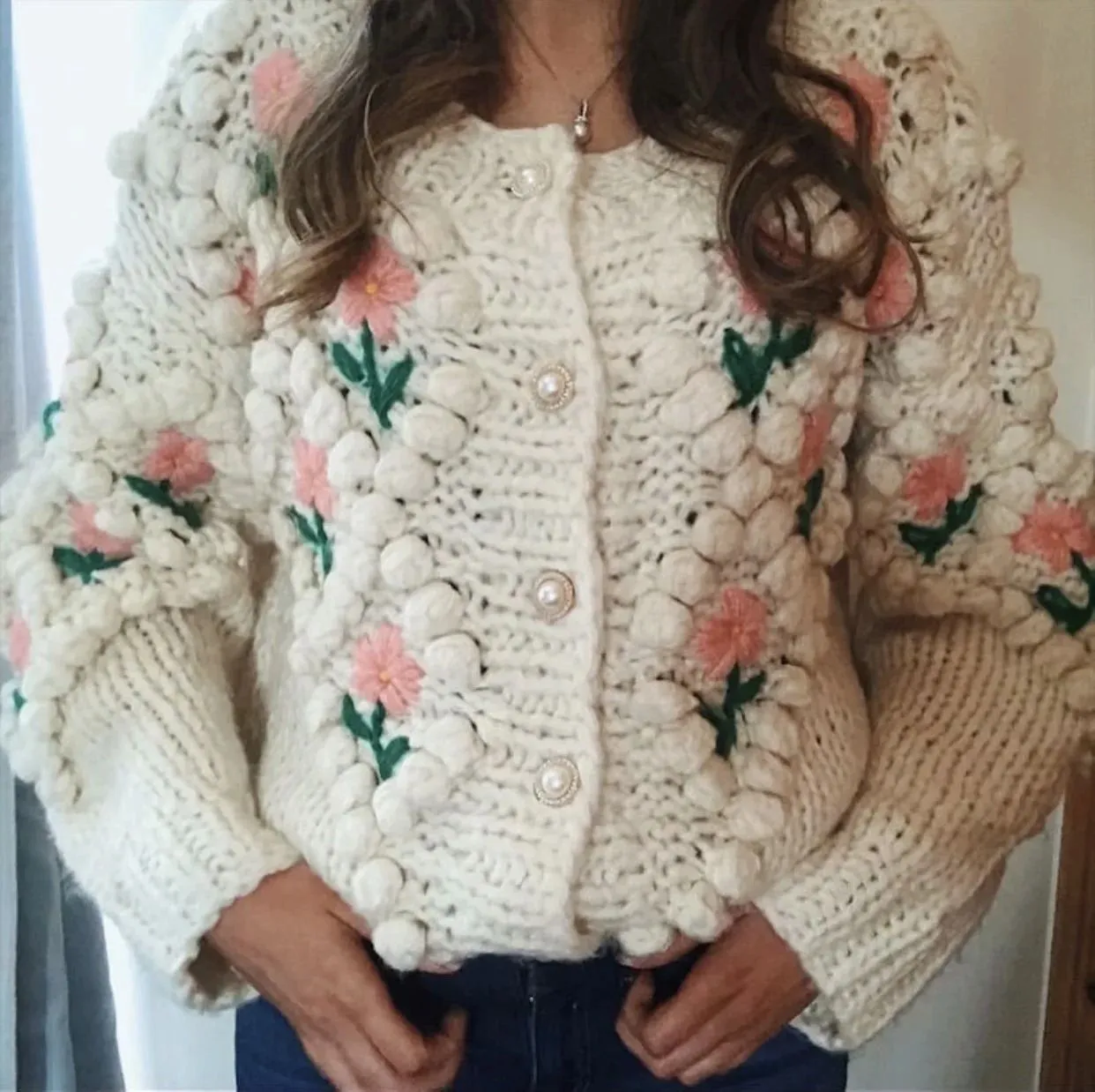 Stitch Floral Embroidered Diamond Pom Pom Hand Cable Knit Cardigan Sweater