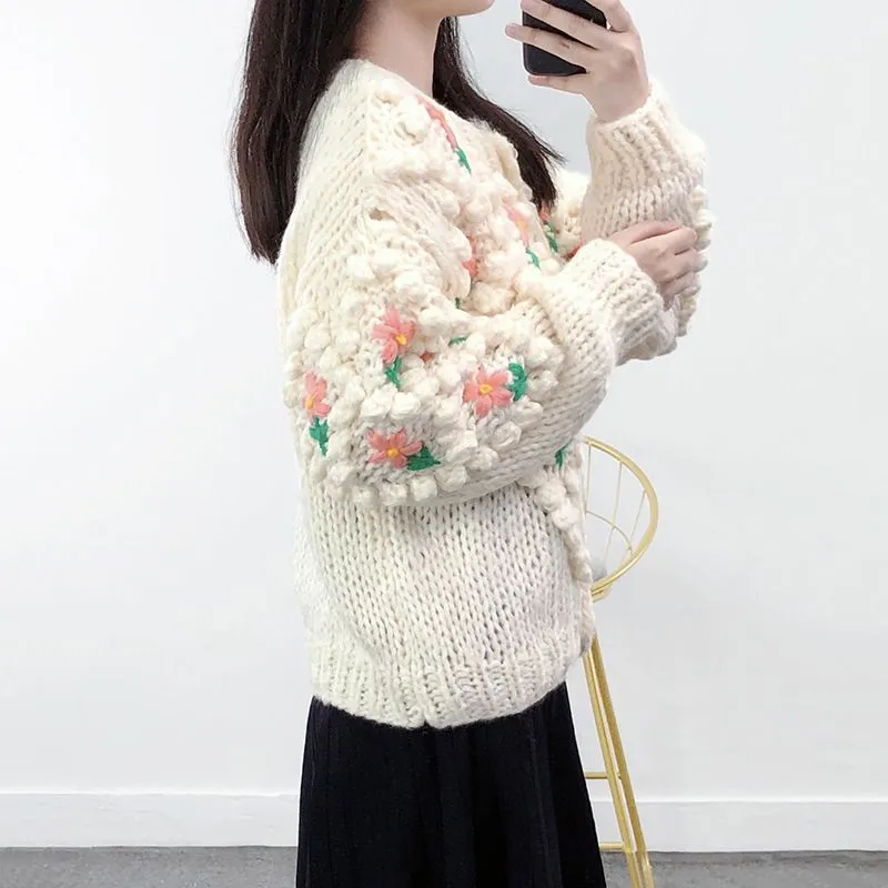 Stitch Floral Embroidered Diamond Pom Pom Hand Cable Knit Cardigan Sweater