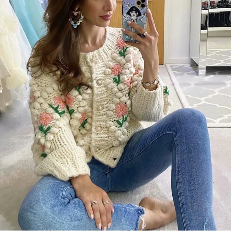 Stitch Floral Embroidered Diamond Pom Pom Hand Cable Knit Cardigan Sweater