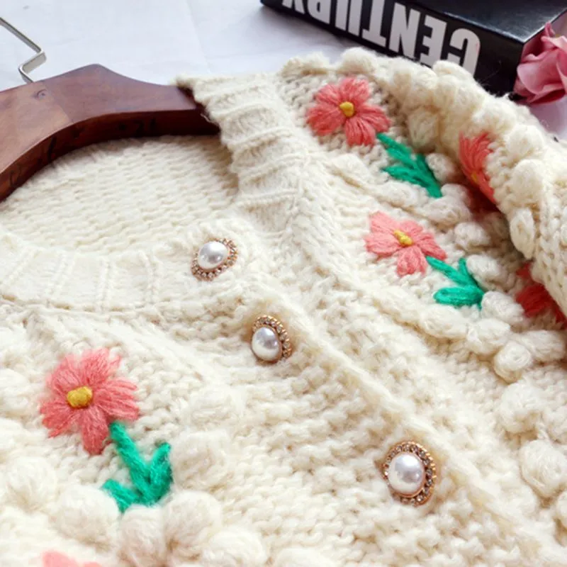 Stitch Floral Embroidered Diamond Pom Pom Hand Cable Knit Cardigan Sweater