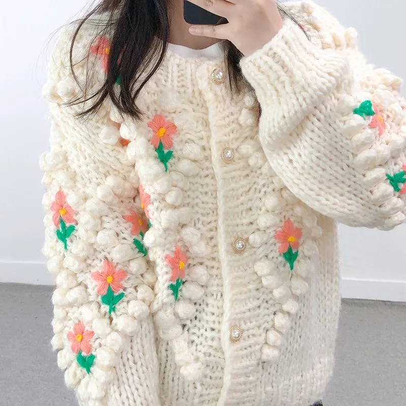 Stitch Floral Embroidered Diamond Pom Pom Hand Cable Knit Cardigan Sweater