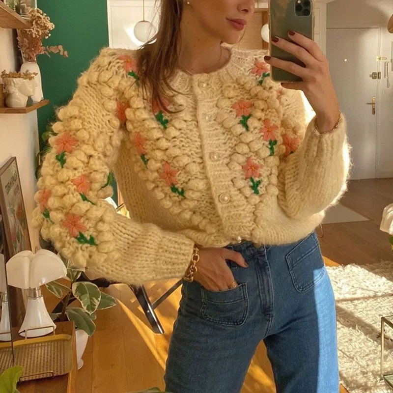 Stitch Floral Embroidered Diamond Pom Pom Hand Cable Knit Cardigan Sweater