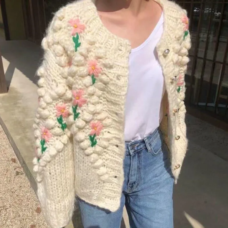 Stitch Floral Embroidered Diamond Pom Pom Hand Cable Knit Cardigan Sweater