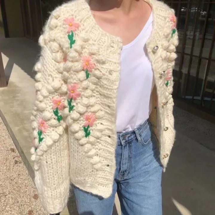 Stitch Floral Embroidered Diamond Pom Pom Hand Cable Knit Cardigan Sweater