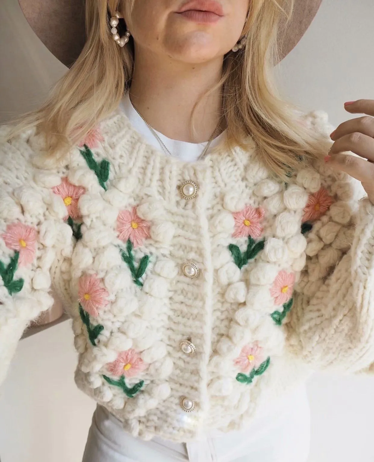 Stitch Floral Embroidered Diamond Pom Pom Hand Cable Knit Cardigan Sweater