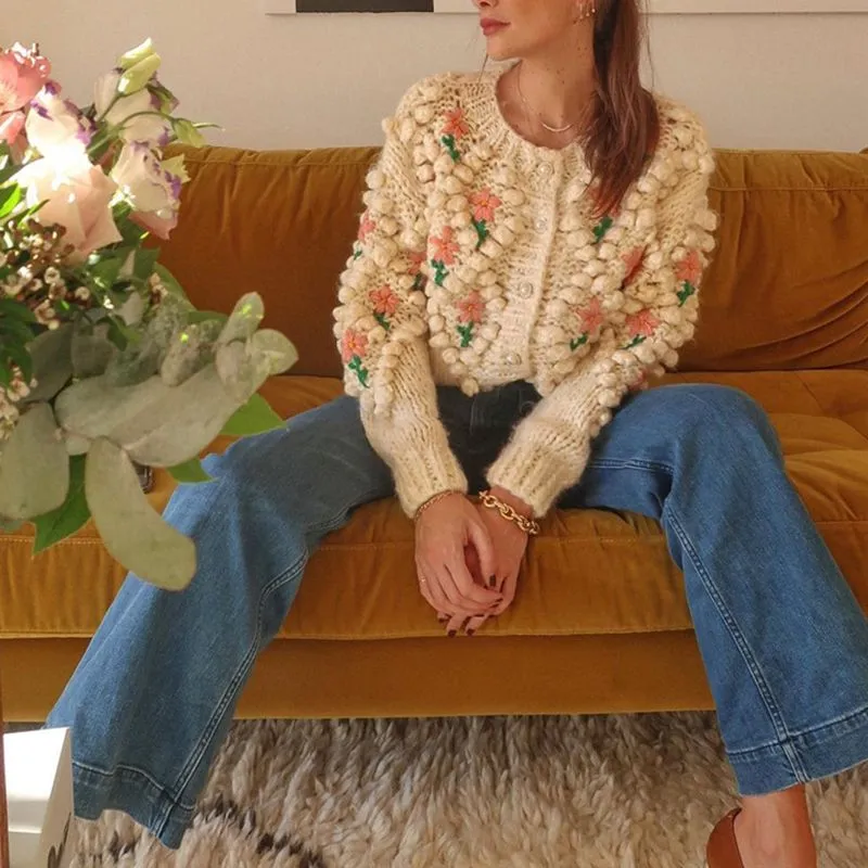 Stitch Floral Embroidered Diamond Pom Pom Hand Cable Knit Cardigan Sweater