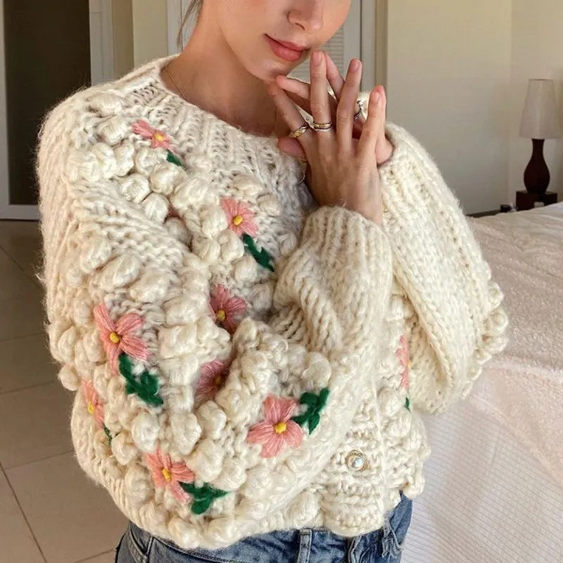 Stitch Floral Embroidered Diamond Pom Pom Hand Cable Knit Cardigan Sweater