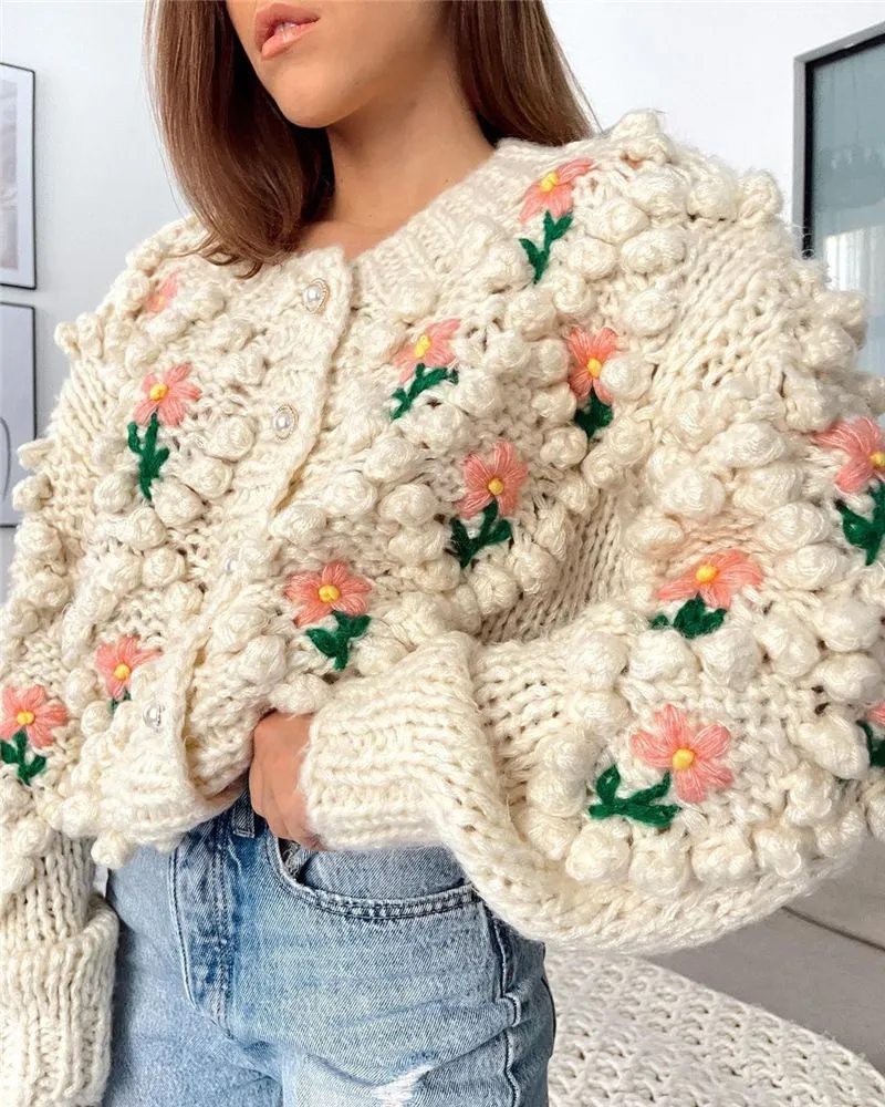 Stitch Floral Embroidered Diamond Pom Pom Hand Cable Knit Cardigan Sweater