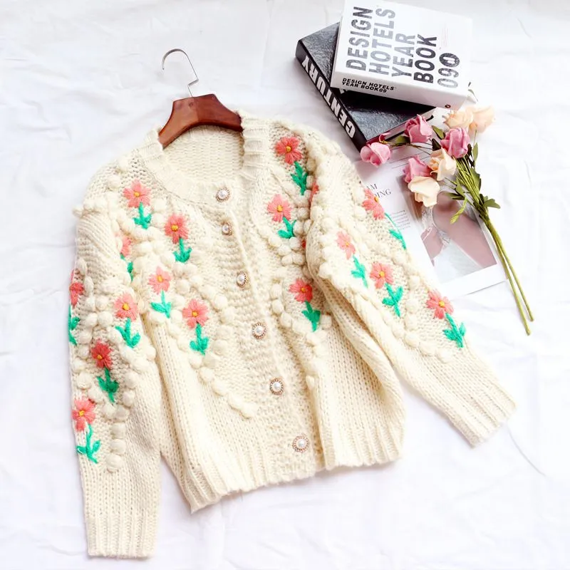 Stitch Floral Embroidered Diamond Pom Pom Hand Cable Knit Cardigan Sweater