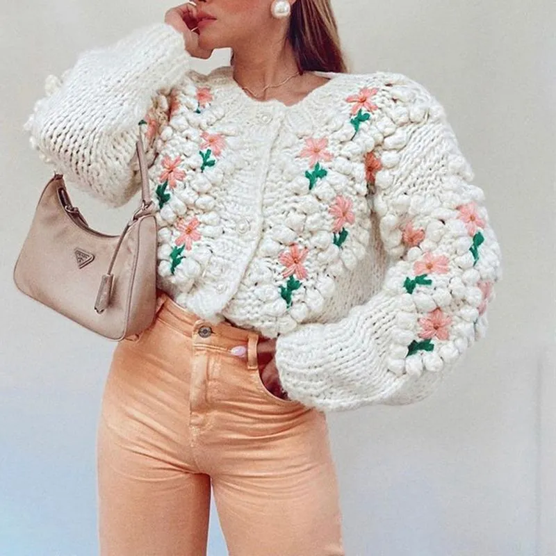 Stitch Floral Embroidered Diamond Pom Pom Hand Cable Knit Cardigan Sweater