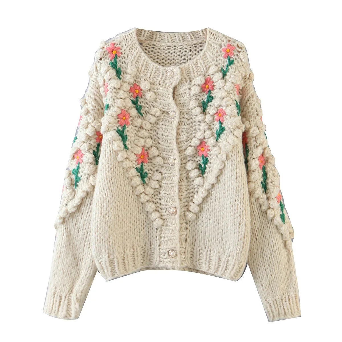 Stitch Floral Embroidered Diamond Pom Pom Hand Cable Knit Cardigan Sweater