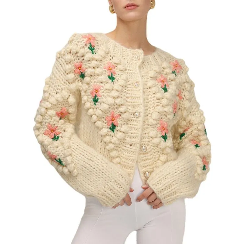 Stitch Floral Embroidered Diamond Pom Pom Hand Cable Knit Cardigan Sweater