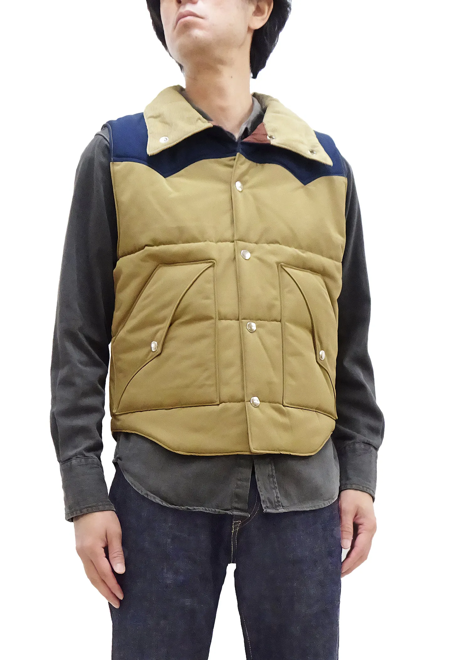 Sugar Cane Puffer Vest Men's Outer Vest Contrast Yoke Panel Padded Vest SC15400 133 Beige/Navy-Blue/Beige