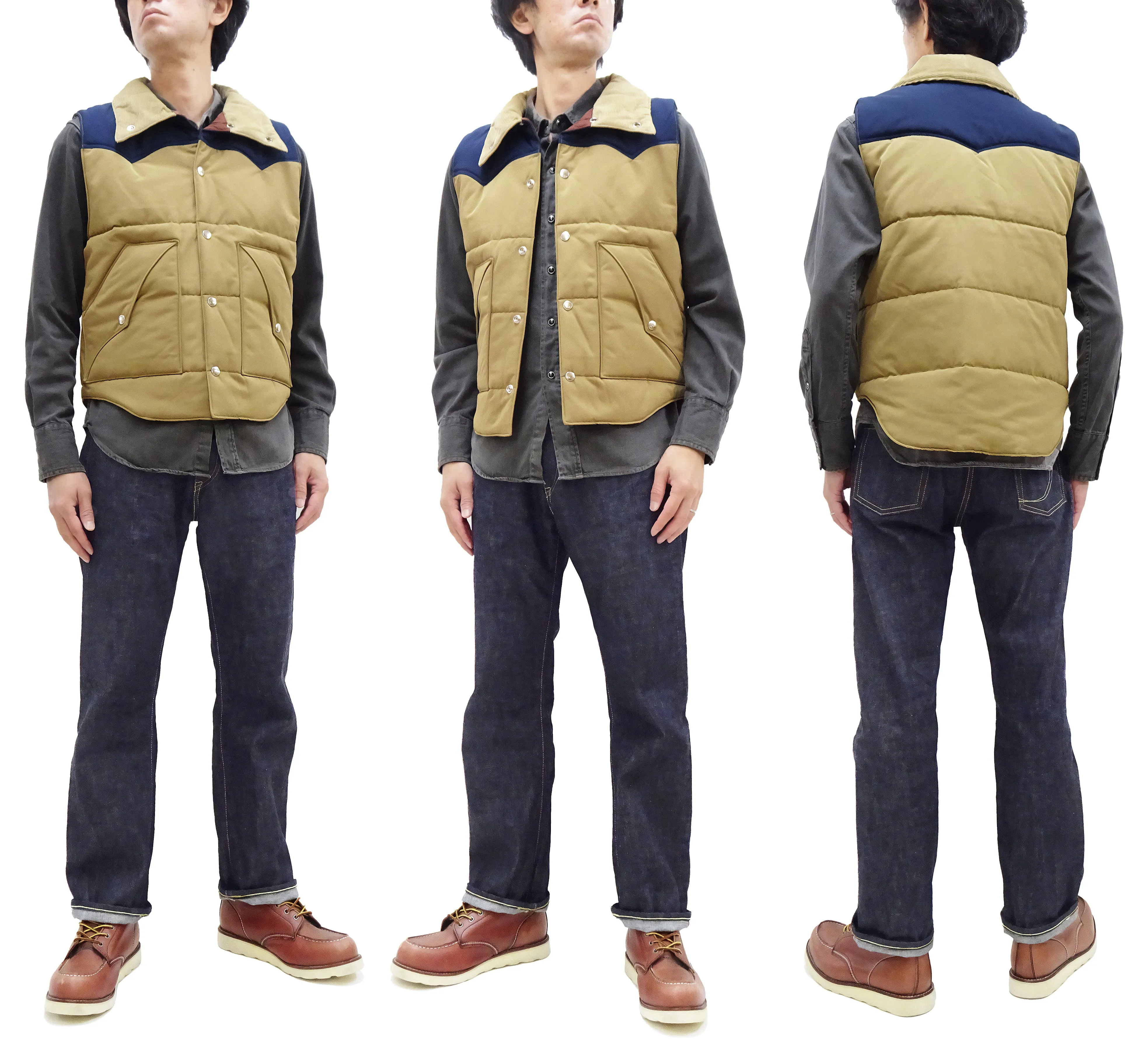 Sugar Cane Puffer Vest Men's Outer Vest Contrast Yoke Panel Padded Vest SC15400 133 Beige/Navy-Blue/Beige