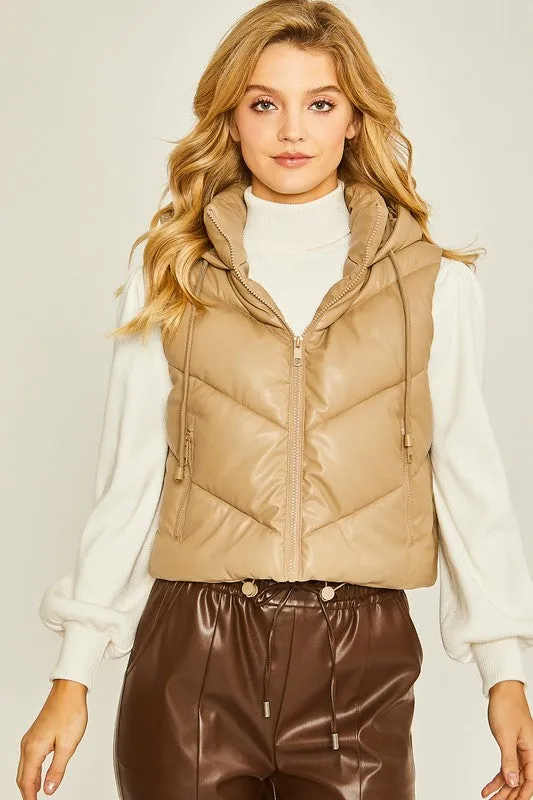 Taupe PU Faux Leather Chevron Puffer Vest