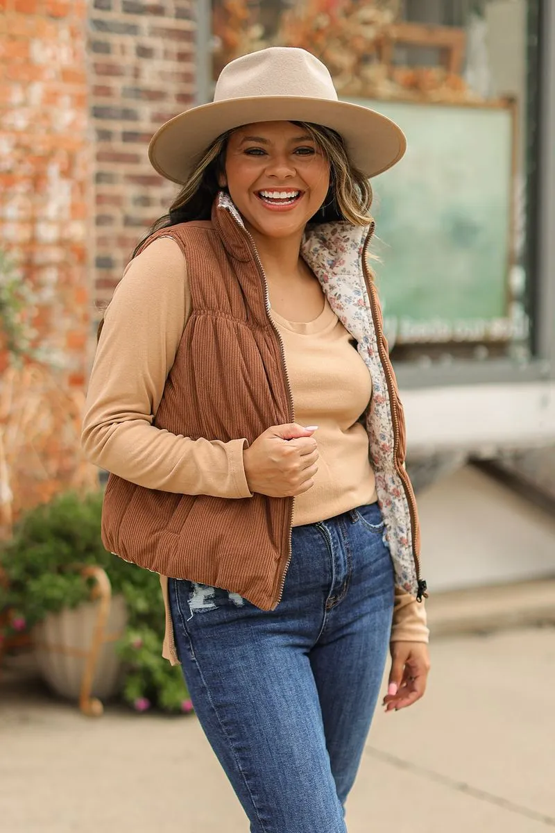 The Gillian Reversible Brown and Floral Puffer Vest