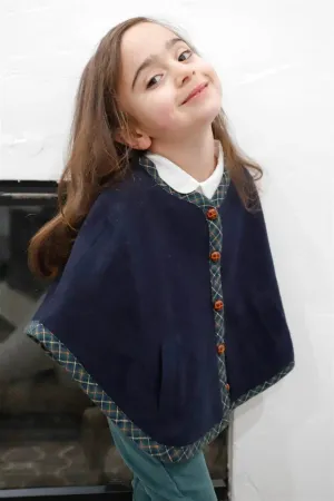 Toddler Little Girls Navy Flannel Plaid Trim Button Up Cape Coat