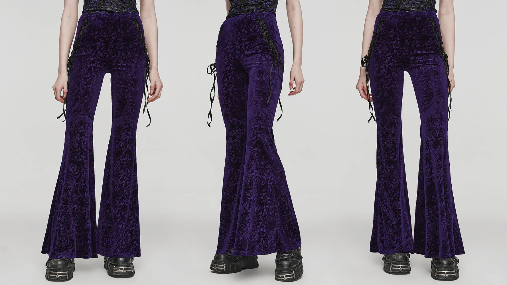 Velvet Flared Gothic Pants with Laces and High Waist