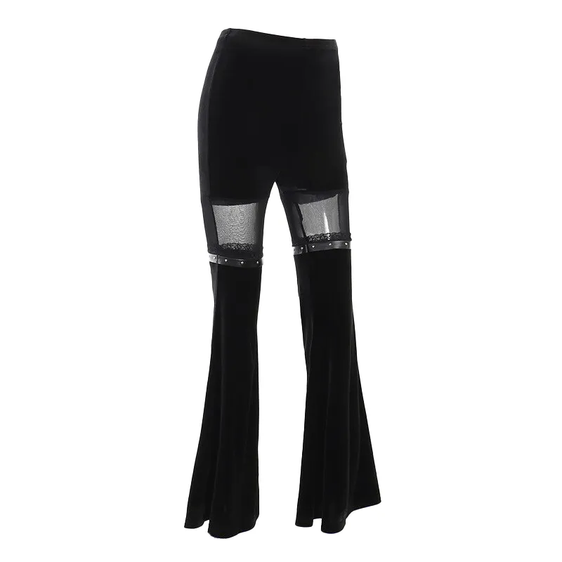 Vintage Black Velvet Flare Pants with Mesh Inserts / Cool Women's Trousers in Gothic Style