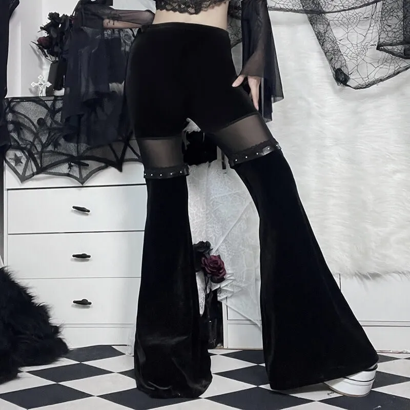 Vintage Black Velvet Flare Pants with Mesh Inserts / Cool Women's Trousers in Gothic Style