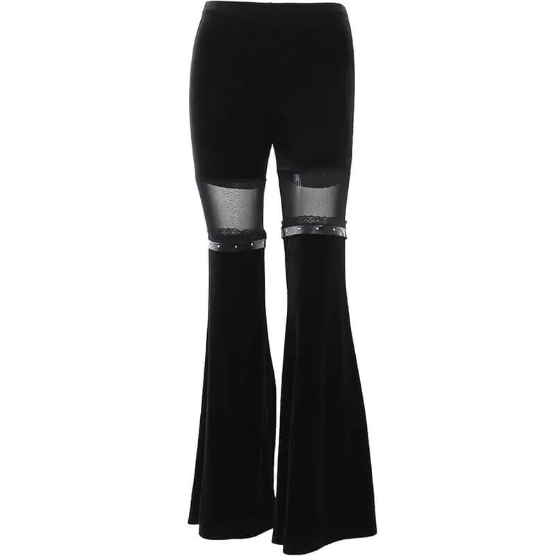 Vintage Black Velvet Flare Pants with Mesh Inserts / Cool Women's Trousers in Gothic Style