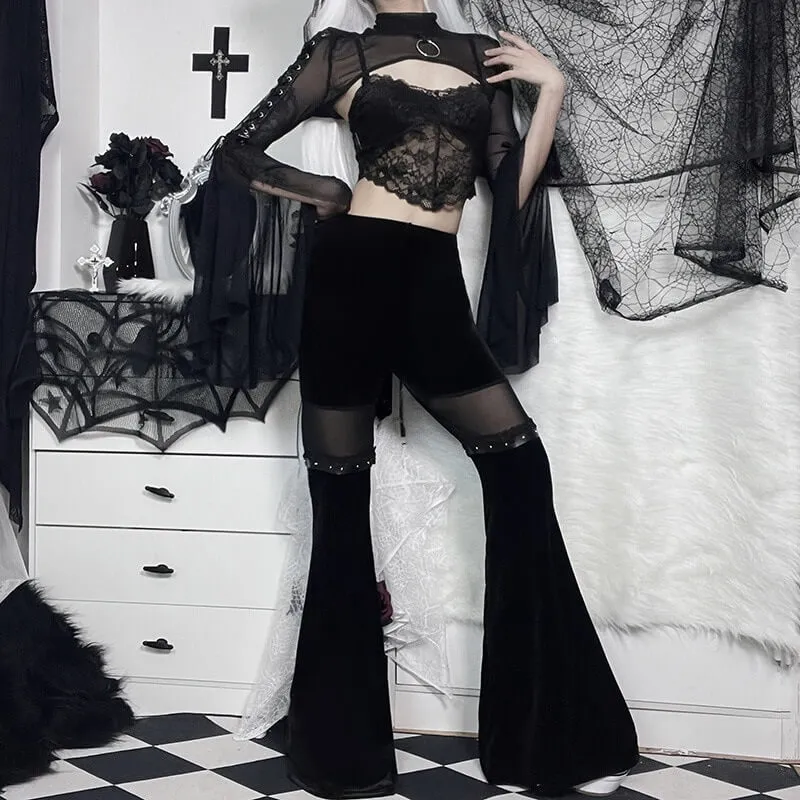 Vintage Black Velvet Flare Pants with Mesh Inserts / Cool Women's Trousers in Gothic Style